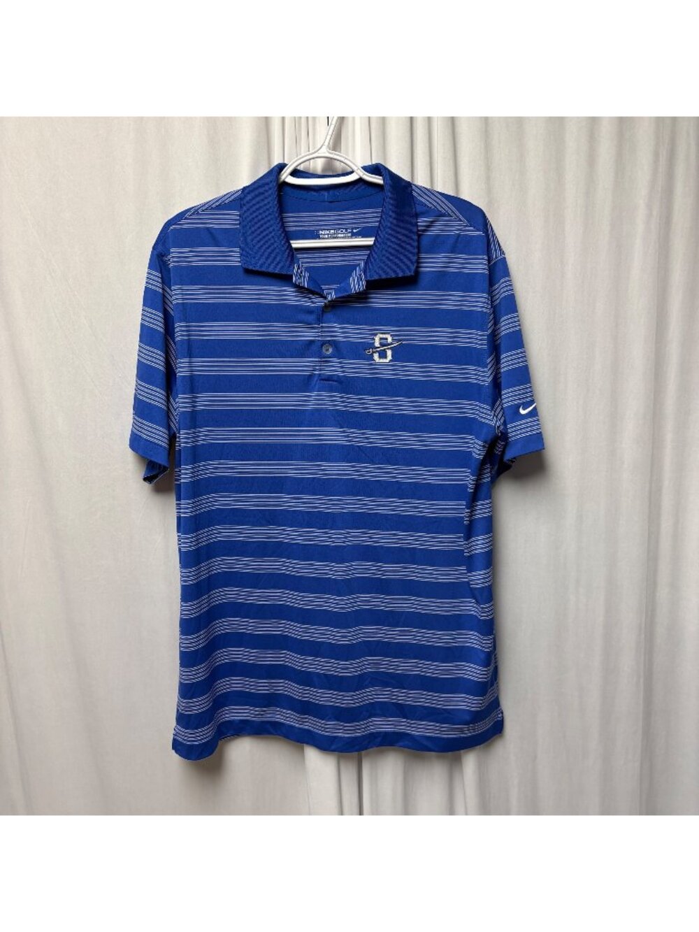 Nike Golf Dri-Fit Blue Striped Polo Shirt Mens Size Large Embroidered Crest Logo